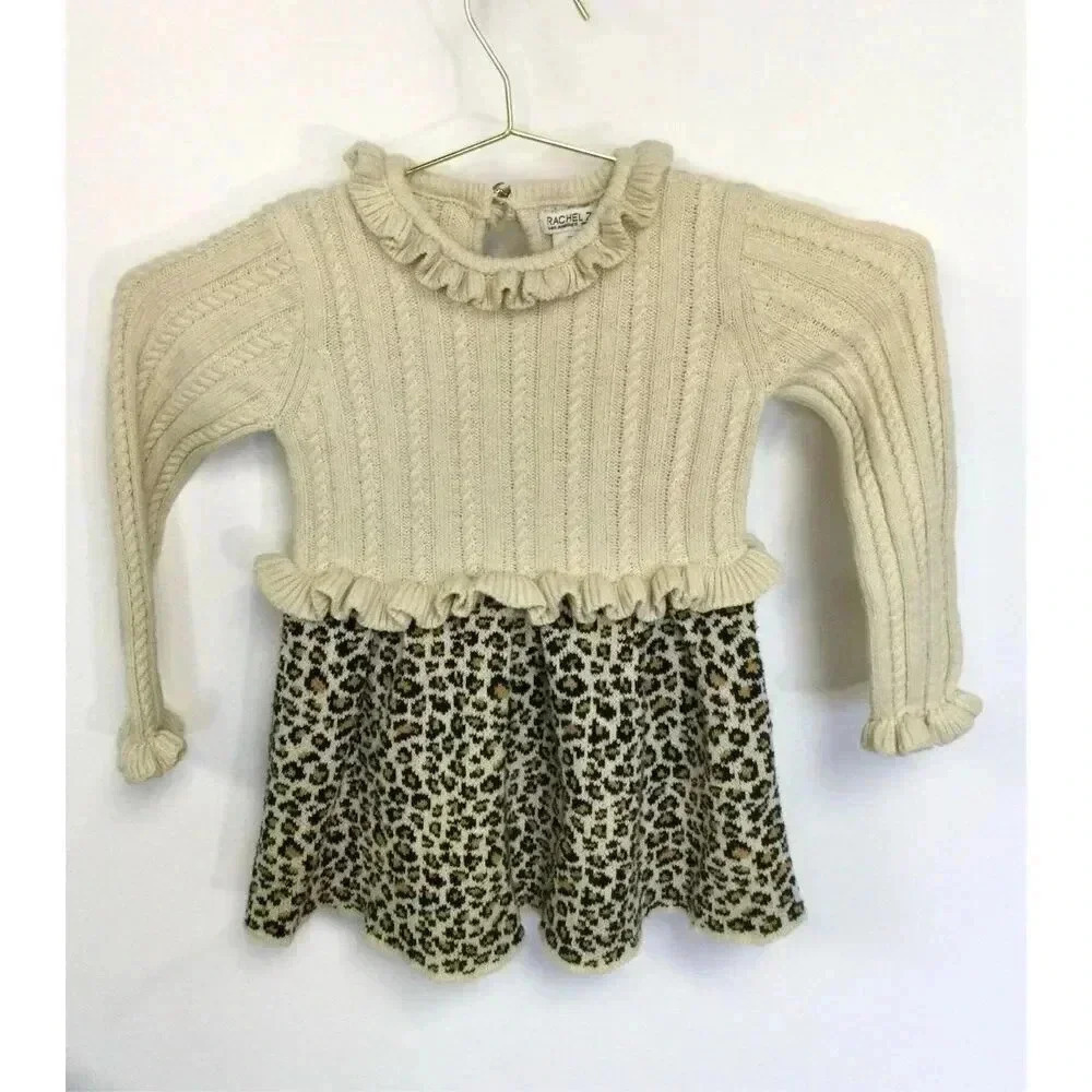 Rachel Zoe‎ kids girls ruffle long sleeve ivory leopard print sweater dress 3T